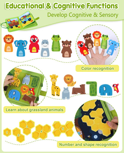 Wild-Animals Busy Book for Toddlers 1-3, Montessori Toys Busy Board for 1 2 3 Year Old Boy Girl Gifts, Toddler Learning Quiet Activity Book, Educational Airplane One Year Travel Toy