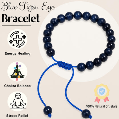 Amazing Gemstone Blue Tiger Eye Bracelet for Women Men's Gifts - Protection Healing Crystal Bracelet - 8mm Gemstone Beaded Adjustable Bracelet Pulseras Para Hombres Mujer Stocking Stuffers