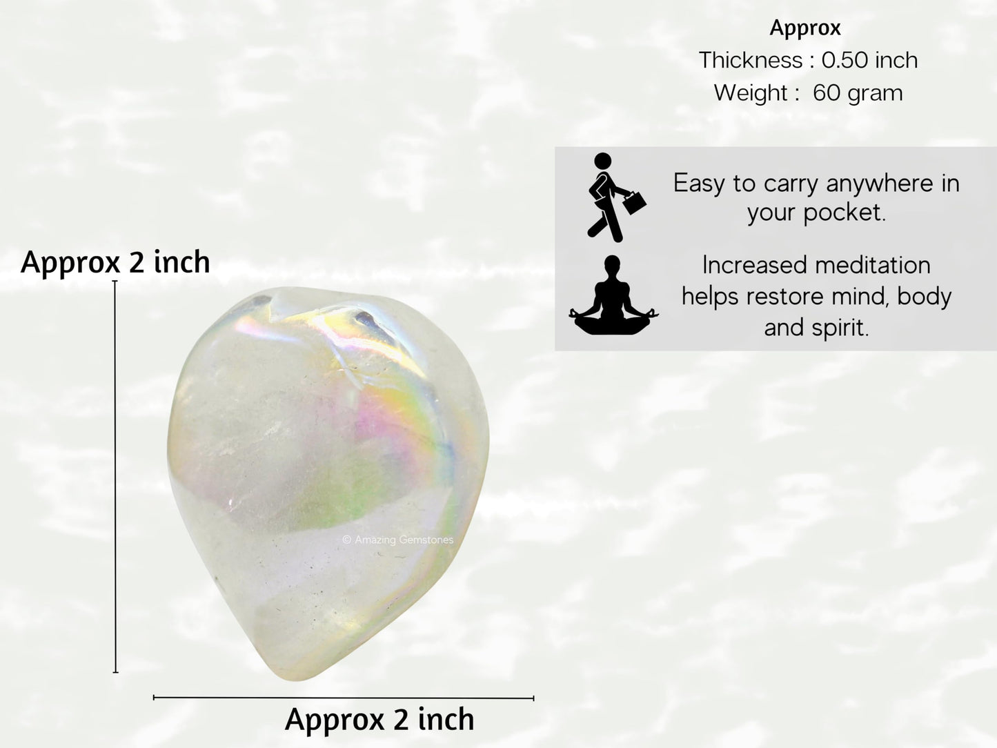 Amazing Gemstone Angel Aura Quartz Crystal Heart Palm Stone - Pocket Massage Worry Stone for Natural Body Chakra Balancing, Reiki Healing and Crystal Grid