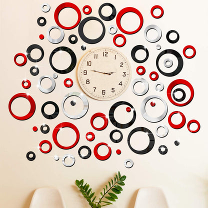 Outus 72 Pieces Wall Stickers Decor Acrylic Circle Mirror Removable Red and Black Wall Decor Round Dots Bulk DIY Red Living Room Decals Modern Art Murals for Home Bathroom Bedroom Decoration