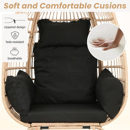 Egg Chair Outdoor Rattan Patio Egg Chair Hand-Woven Oversized Wicker Egg Chair Outdoor Indoor Lounge Chair with Padded Cushions Steel Frame for Living Room Backyard Patio Porch, Black
