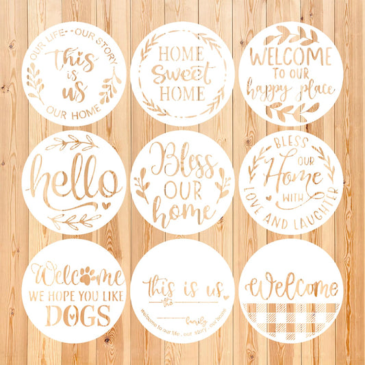 Welcome Stencils for Painting on Wood, 12” Round Stencils for Painting, Stencil for Crafts Reusable Drawing Templates for Door Hanger, Porch Wood Sign, Welcome Mat