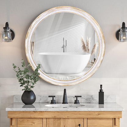 HOITUZYUS Farmhouse Round Wood Mirror 30 Inch, Rustic Boho Circle Decorative Mirrors for Bathroom, Living Room, Entryway, Bedroom, Hallway
