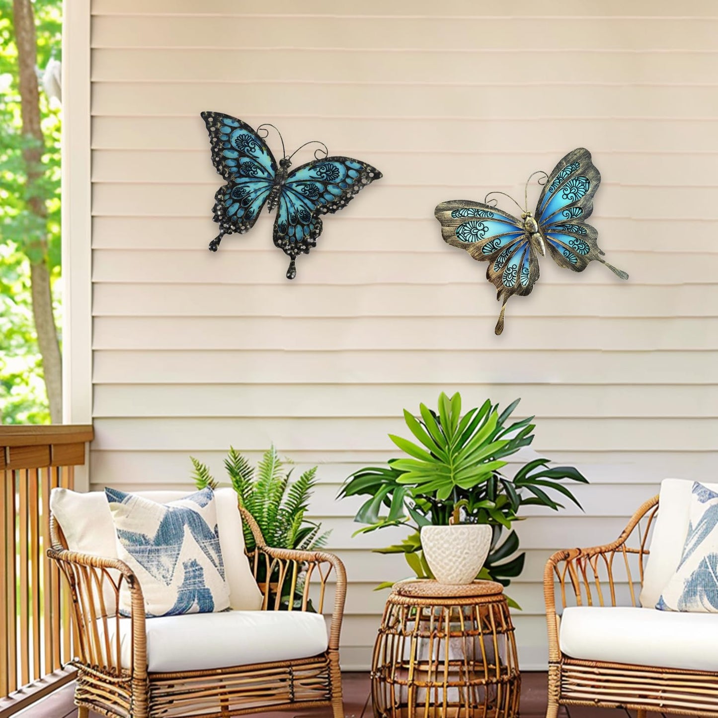 LIFFY Metal Butterfly Wall Decor,2Pack 12" Hanging Glass Butterfly Outdoor Decor,Garden Decorative Ornaments Outside for Home,Yard,Fence,Patio
