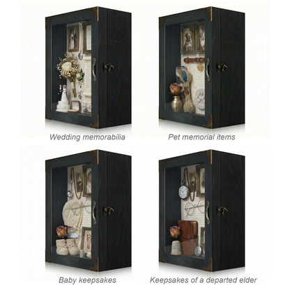 KAASTHAA Shadow Box Frame 11x13, Depth 5in Shadow Boxes Display Cases, Acrylic Door, Rustic Burnt Wood, Vintage Metal Accents, Hinged Door, Metal Handle and Latch, Linen Back