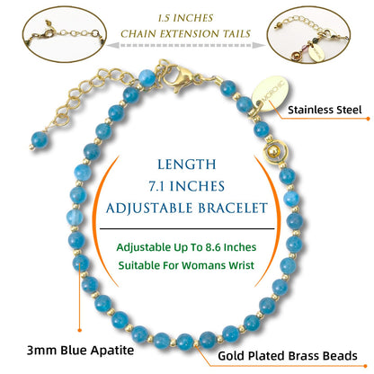 Morchic 3mm Blue Apatite Natural Gemstone Beaded Bracelet for Women, Dainty Charm Tiny Jewelry, Adjustable 7.1-8.6", Ideal Birthday Holiday Gift