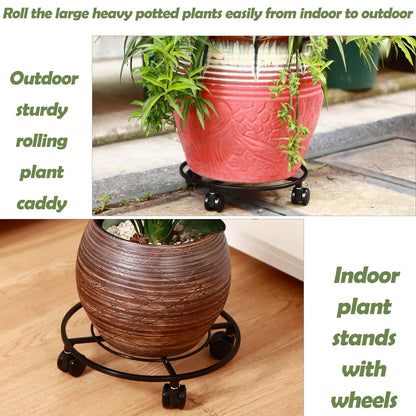 Planterhoma 3 Packs Large Metal Plant Caddy 13.5" Heavy-duty Plant Dolly with Wheels Iron Rolling Plant Stand with Casters Indoor Outdoor Plant Pot Movers Rollers Coaster Trolley, Black