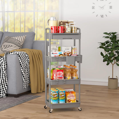 LLMRR 4 Tier Rolling Utility Cart with Drawer, Plastic Storage Organizer Rolling Carts with Wheels Handles Hanging Cups Hooks for Office, Bathroom, Kitchen,Craft Art Room (Grey)