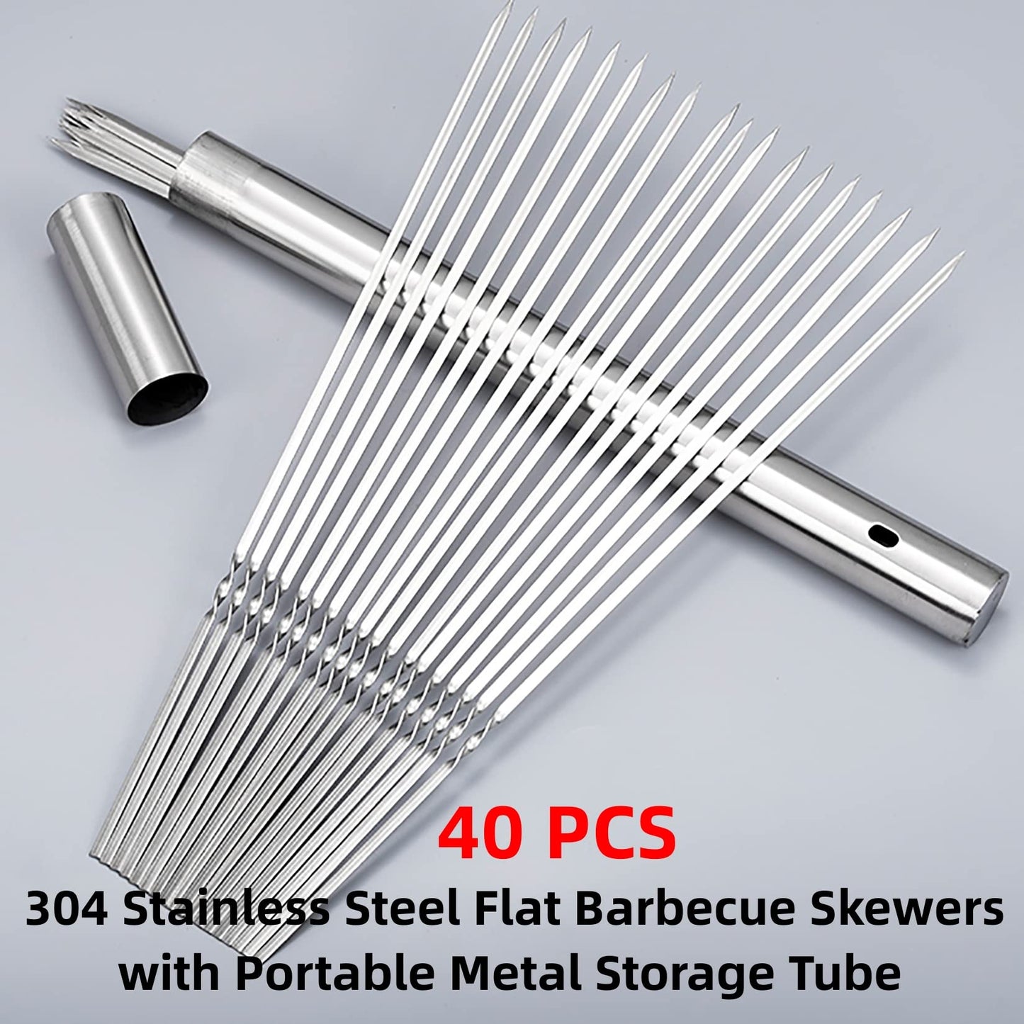 WILLBBQ 304 Stainless Steel 13.2" (33.5cm) Flat Barbecue Skewers,20PCS/40PCS BBQ Kebab Skewers with Portable Metal Storage Tube,Reusable for Grilling Barbecue Kitchen Party and Outdoor Cooking (40PCS)