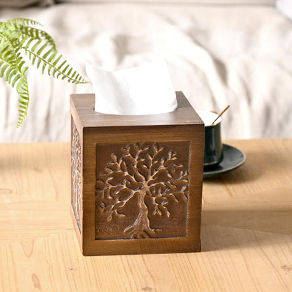 SwallowLiving Upgraded Large Tissue Box Cover Square - Decorative Wooden Tissue Holder with Sliding Bottom, Tree of Life Farmhouse Decor for Bathroom, Office Living Room, Fits Most Cube Tissues, Brown