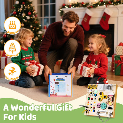 Montessori Wooden Busy Board Toys for 1 2 3 Boys Girls,Toddler Sensory Educational Fidget Board Travel Toy with LED Light Up Switches & Music Boxes, Locks for Kids Gifts