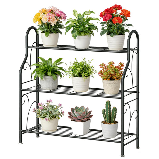 SORCEDAS Plant Stand Indoor Outdoor Plant Shelf 3 Tier Metal Corner Flower Stand Multiple Holder for Patio Garden Balcony Living Room, Dark Grey
