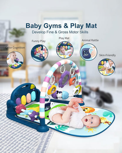 dearlomum Baby Play Mat Gym, Funny Play Piano Tummy Time Activity Mat with 5 Infant Sensory Toys, Music and Lights, Boy & Girl Gifts for Newborns 0 to 3 6 9 12 Months（New Blue）