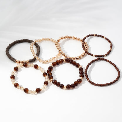 GOOJIDS Brown Surfer Heishi Clay Bead Bracelets for Women Bohemian Stackable Gold Plated Beaded Stretch Bracelets Elastic Layering Friendship Bracelets Set Boho Jewelry