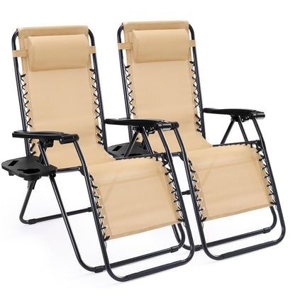 Sweetcrispy Zero Gravity Chairs, Set of 2 Portable Recliner Beach Camping Patio Outdoor Folding Lounge Chair with Cup Holder Trays and Adjustable Pillow for Poolside, Garden, Backyard, Lawn (Khaki)