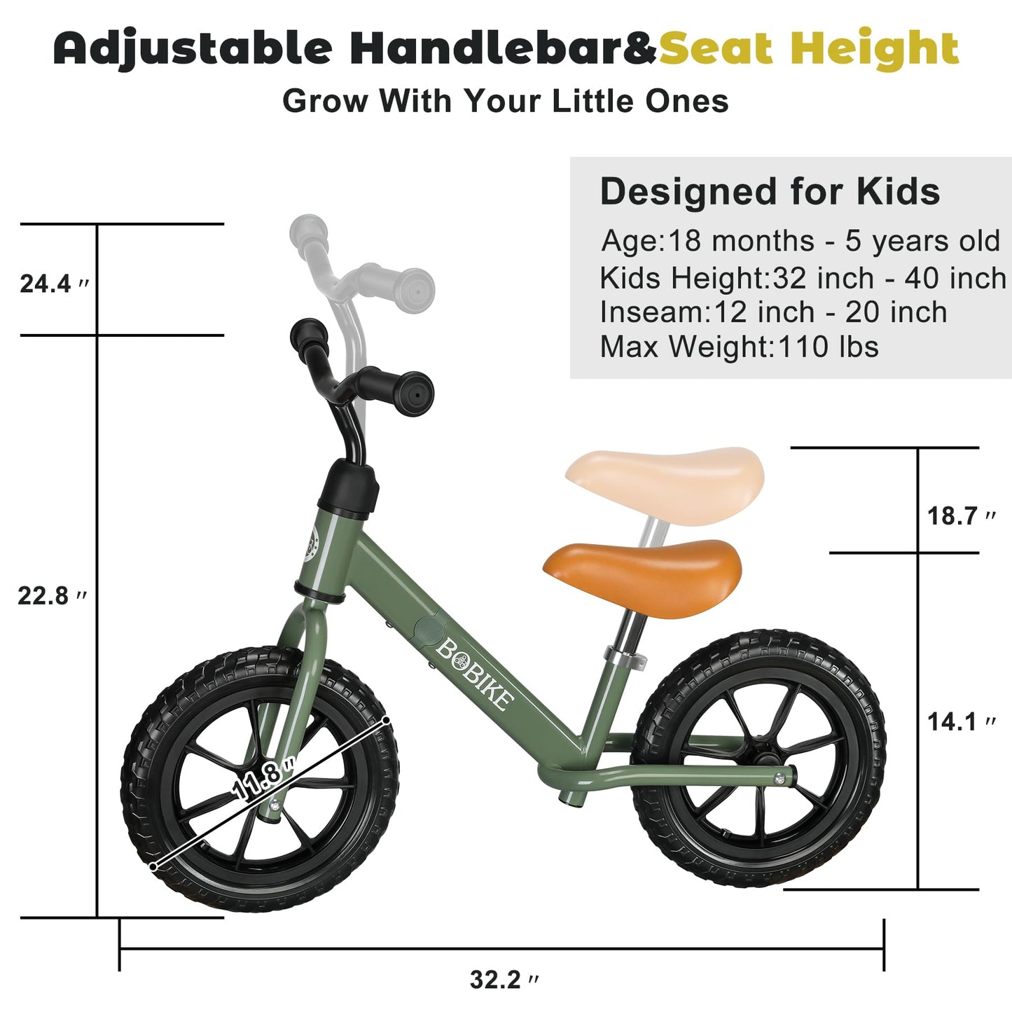 Bobike Toddler Balance Bike Toys for 2 to 5 Year Old Girls Boys Adjustable Seat and Handlebar No-Pedal Training Bike Best Gifts for Kids (Green)