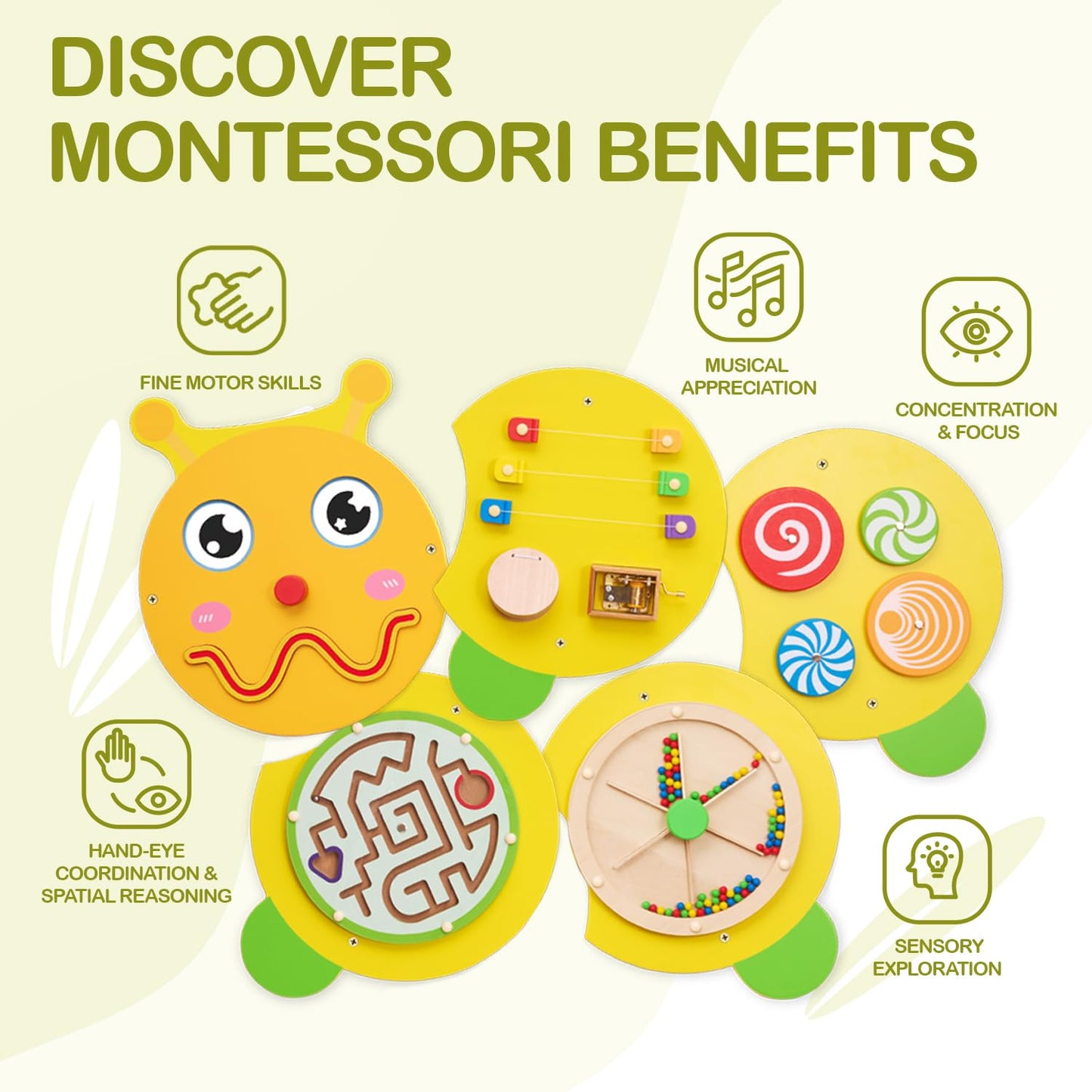 Monläurd® Caterpillar Montessori Busy Board,Sensory Board,Educational Toys,Activity Cube,Wall Toys,Daycare Furniture,Playroom Furniture,Interactive Toys,Wooden Toys,Learning Toys,Boys and Girls 6 M+