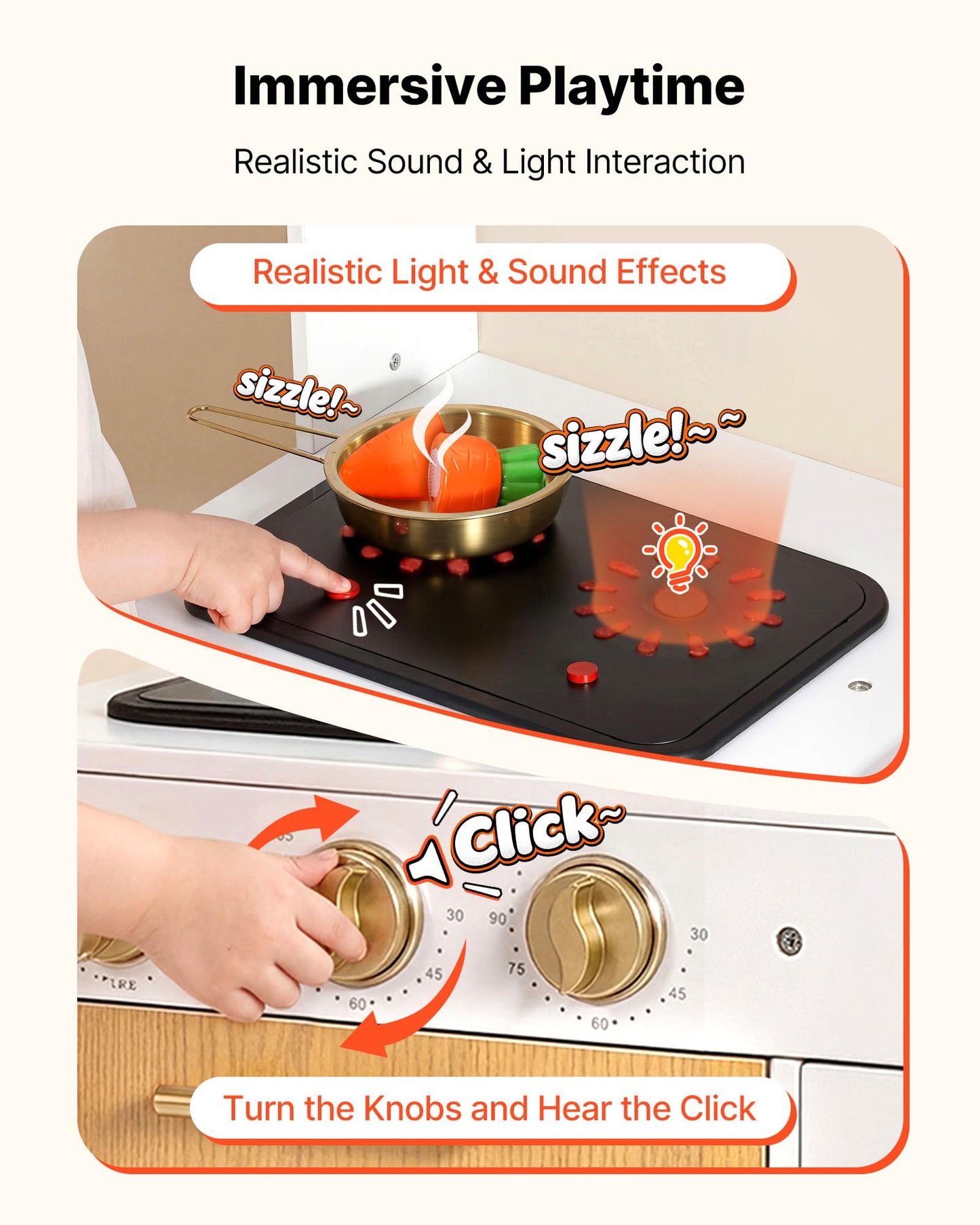 VEVOR Play Kitchen for Kids, Wooden Kids Kitchen Playset with Real Lights & Sounds, Food & Cookware Accessories, Pretend Play Toy Set, Sink, Oven, Stove, Cabinet, for Toddlers, Girls & Boys Ages 3-8
