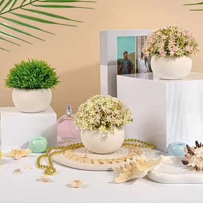 JIUYUETIAN Fake Plants-3-Pack Mini Artificial Pulp Pot Decor, 2 Lilac Flower Balls & 1 Grass, No Maintenance for Desk Bathroom Home Office Shelf