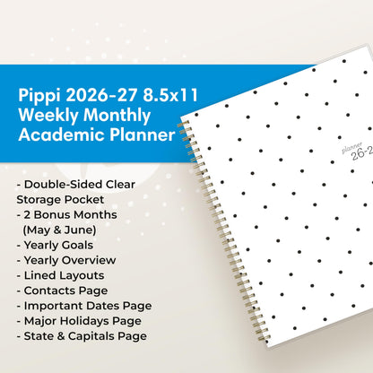 Blue Sky 2026-2027 Weekly and Monthly Academic Year Planner Calendar, July 2026 - June 2027, 8.5" x 11", Flexible Cover, Wirebound, Laminated Tabs, Storage Pocket, Pippi