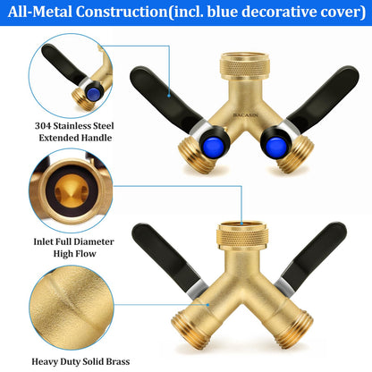 Brass Hose Splitter 2 Way Heavy Duty, Garden Hose Splitter with 304 Stainless Steel Long Handle, Brass water hose splitter 2 Way Y Valve 3/4" GHT Thread