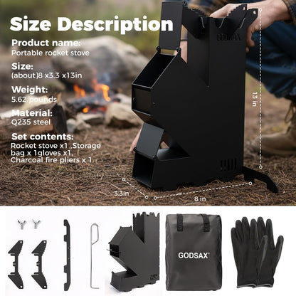 Rocket Stove for Cooking Portable Wood Burning Wood Fire Camping Backyard Cooking Outdoor Events BBQ Comes with Storage Bag