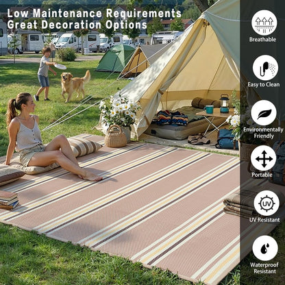 PureCozy Outdoor Waterproof 5x8 Rug for Patio Reversible Plastic Straw Beige Striped Camping Mat Outside Lightweight Large Floor Mat for RV Deck Beach Balcony Picnic Backyard Entry Porch