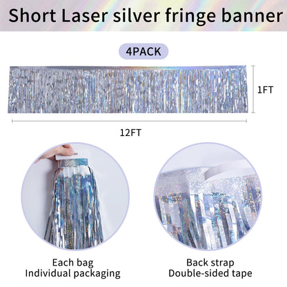YUKL Laser Silver Streamers Party Decorations 4Pack 48FT Table Skirt Tinsel Garland Metallic Parade Float Decorations Ceiling Backdrop Curtain for Wedding Birthday Party Decoration Halloween Christmas