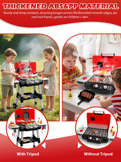 Kids Kitchen Toy Barbecue Grill Playset Cooking Interactive Toys with Smoke Sound Light Simulation Chef Apron Hat Little Chef Pretend Play Accessories Christmas Birthday Gift for Boys Girls