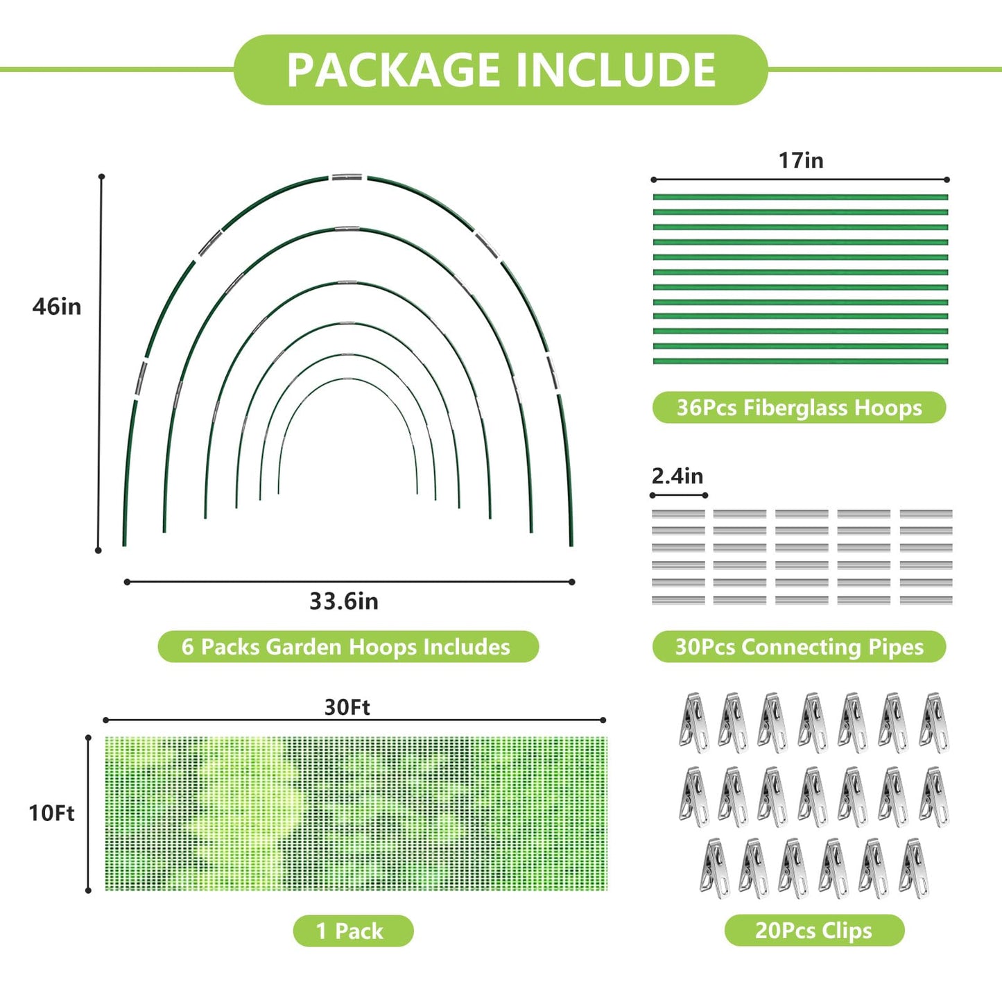 Garden Netting Kit for Raised Beds, 10x30FT Green Ultra Fine Mesh Netting ＆6 Sets of 8FT Garden Hoops, Insect Netting Row Cover Net Protect Plants Vegetable Fruits Flowers