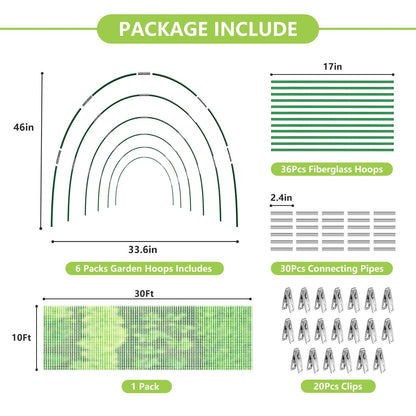 Garden Netting Kit for Raised Beds, 10x30FT Green Ultra Fine Mesh Netting ＆6 Sets of 8FT Garden Hoops, Insect Netting Row Cover Net Protect Plants Vegetable Fruits Flowers
