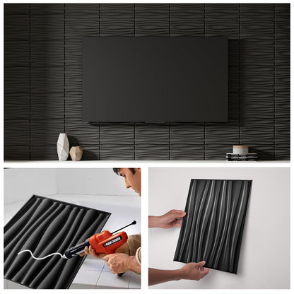 Art3d 24-Pack 3D Wall Panels for Interior Home Décor, PVC Wavy Textured Accent Wall Paneling for Living Room Bedroom TV Backdrop Office, 15.7 x 11.8 Inch - Black