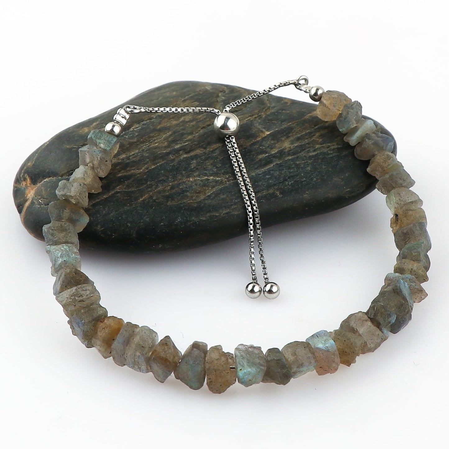 CRYSTALIS Natural Raw Labradorite Rough Stones Bracelet, Rough Gemstones, Chakra Healing Crystals, Gift Giving Jewelry, 925 Sterling Silver Womens Bracelet 8 inch