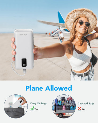 charmast Portable Charger with Built-in Cables and Plug, 10000mAh USB C Power Bank Fast Charging, External Battery Pack Slim, Travel Essentials Compatible with iPhones, Samsung Galaxy, iPad