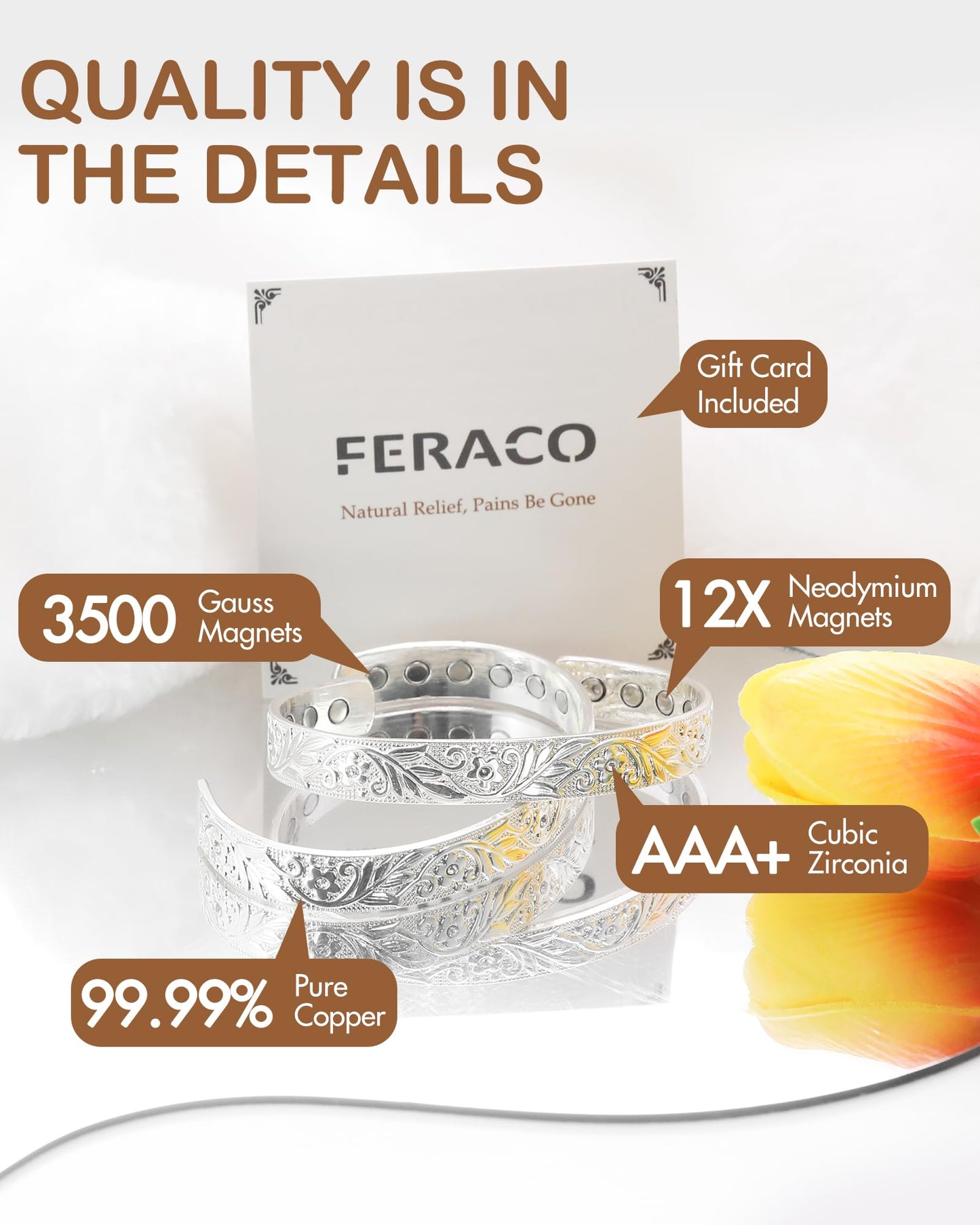 Feraco Copper Bracelet for Women, 12X Ultra Strength Magnetic Bracelets, 99.99% Pure Copper Cuff Bangle with 3500 Gauss Neodymium Magnets & Sparkling Cubic Zirconia, Silver