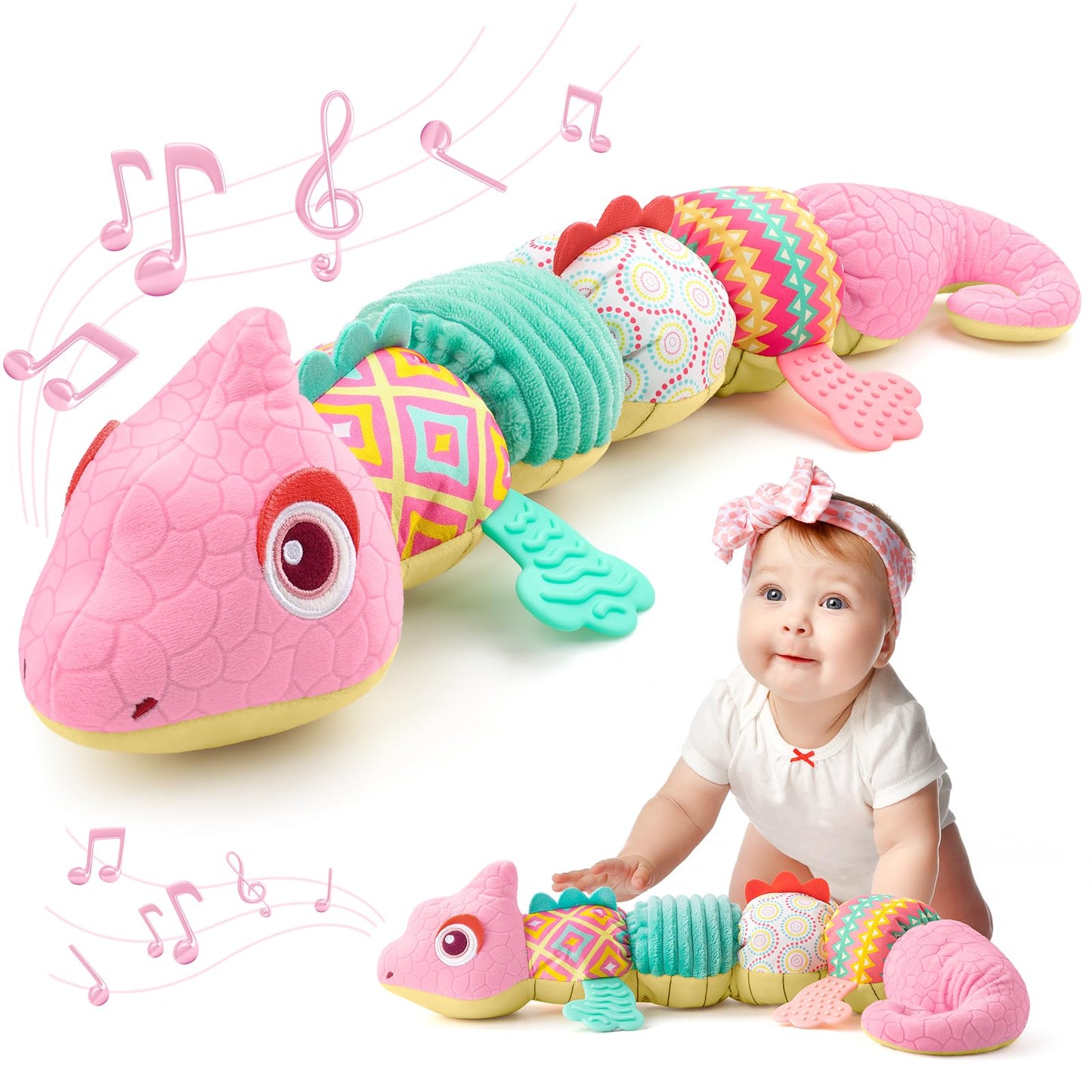 AWOTOY Baby Toys Sensory Musical Stuffed Animal Activity Soft Infant Toys 0-6-12 Month with Multi-Sensory Crinkle,Rattles&Textures,Baby Girl Toys Easter Gifts Newborn Tummy Time Easter Basket Stuffer