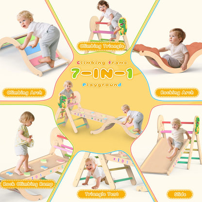 Acenova Pikler Triangle Climbing Set with Cushion and DIY Name Stickers, Montessori Wooden Climbing Gym for Toddlers, Indoor Jungle Gym, Dinosaur Pikler Triangle Arch Ramp Climber Toy
