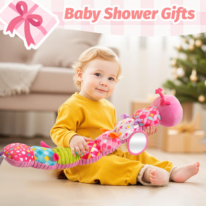 Baby Toys 0-6 Months, Musical Caterpillar Plush Toy with Rattles,Crinkle Sound, Mirror, Newborn Sensory Toys for Infants Developmental Stuffed Animal with Tummy Time for Boys Girls 6-12 Month (Pink)