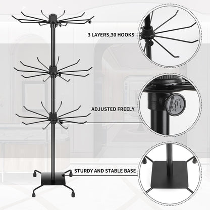 bahforam 2 Pcs 3-Tier Rotating Jewelry Display Stand, 28.35 inch Tall Floor-Standing Metal Rack with 60 Hooks Total (30 per Stand), Adjustable Tiers, Black - Necklaces, Earrings, Keychains