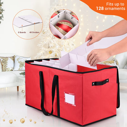 Mrrihand Christmas Ornament Storage Box, Xmas Decoration Organizer with Adjustable Dividers - Storage Container Keeps 128 Holiday Ornaments 3-Inch, Dual Zipper Closure, 600D Tear-Proof Material(Red)