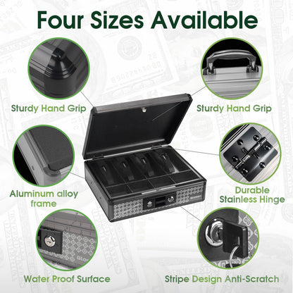 Glosen Cash Box with Lock, Money Box with Key Lock & Removable Coin Tray 13.5 * 4.31 * 11.4inch (Black, Large)