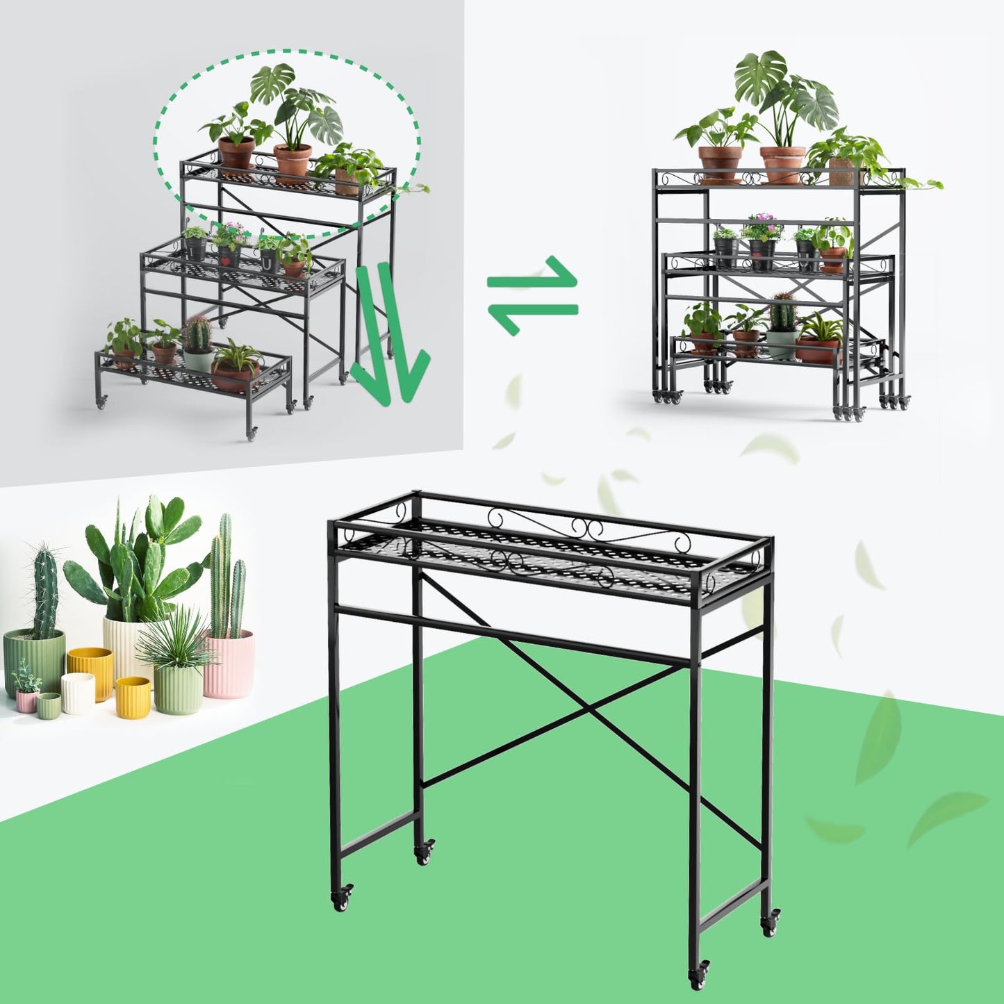 Zhongma 1 Tier Window Height Sturdy Metal Plant Stand with Wheels, 40.5x16x40.4 in High, Heavy Duty Succulent Shelf for Home Indoor and Outdoor, 220 LBS Capacity & Heavy Duty Construction