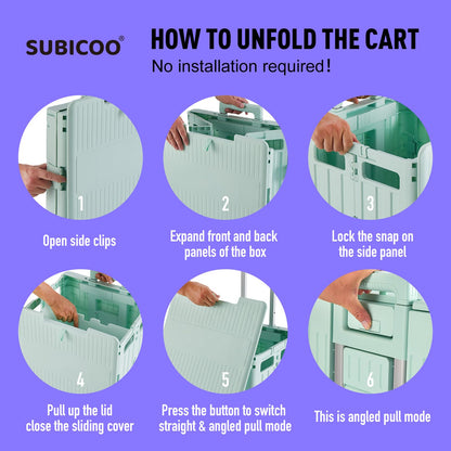 Folding Utility Cart Portable Rolling Crate Handcart Shopping Trolley Collapsible Tool Box, with Lid, on 4 Rotate Wheels, for Grocery, Shopping, Office, Camp, Teacher (Green)