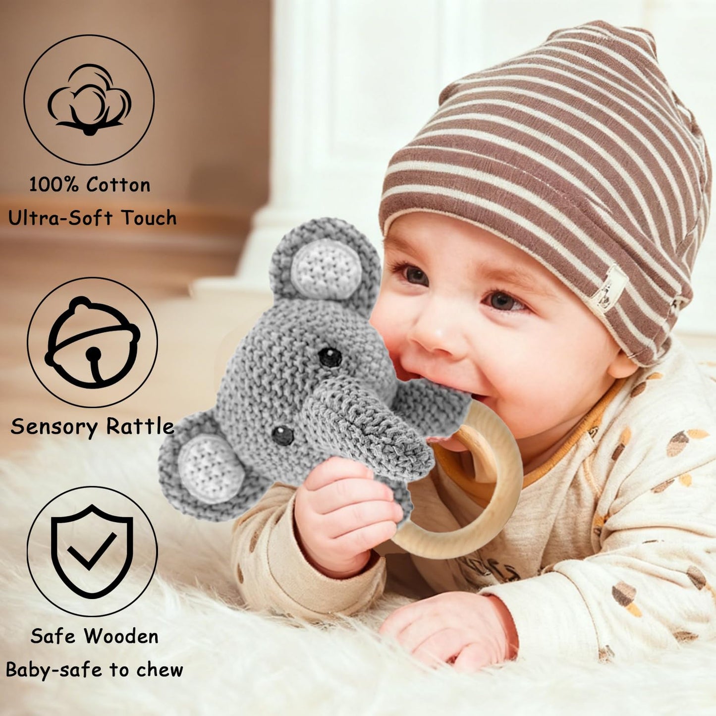 Baby Toys Elephant Stuffed Animals for Babies 2Pcs Cute Calf Plush Toys Set: 10" Grey Elephant Plush Doll and 5.9" Baby Teething Rattle Soft Baby Boy Girl Gifts for Birthday,Easter,Baby Shower
