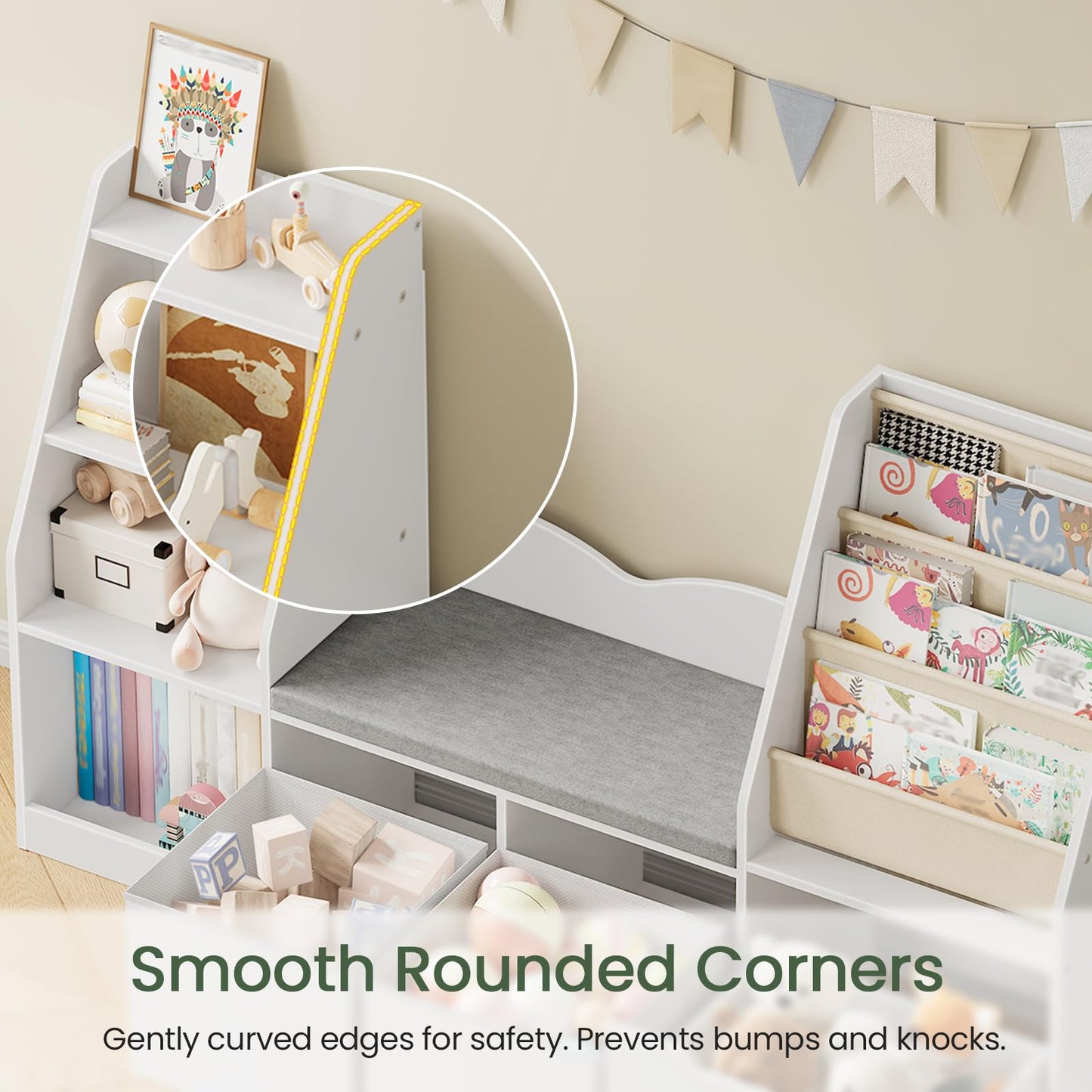 CHOEZON 53.1" Kids Bookshelf with Reading Nook, 4-in-1 Children's Bookcase with Soft Bench, Mobile Drawer & Fabric Bins, Storage Shelves, Bookshelf for Kids, White MCW18WB