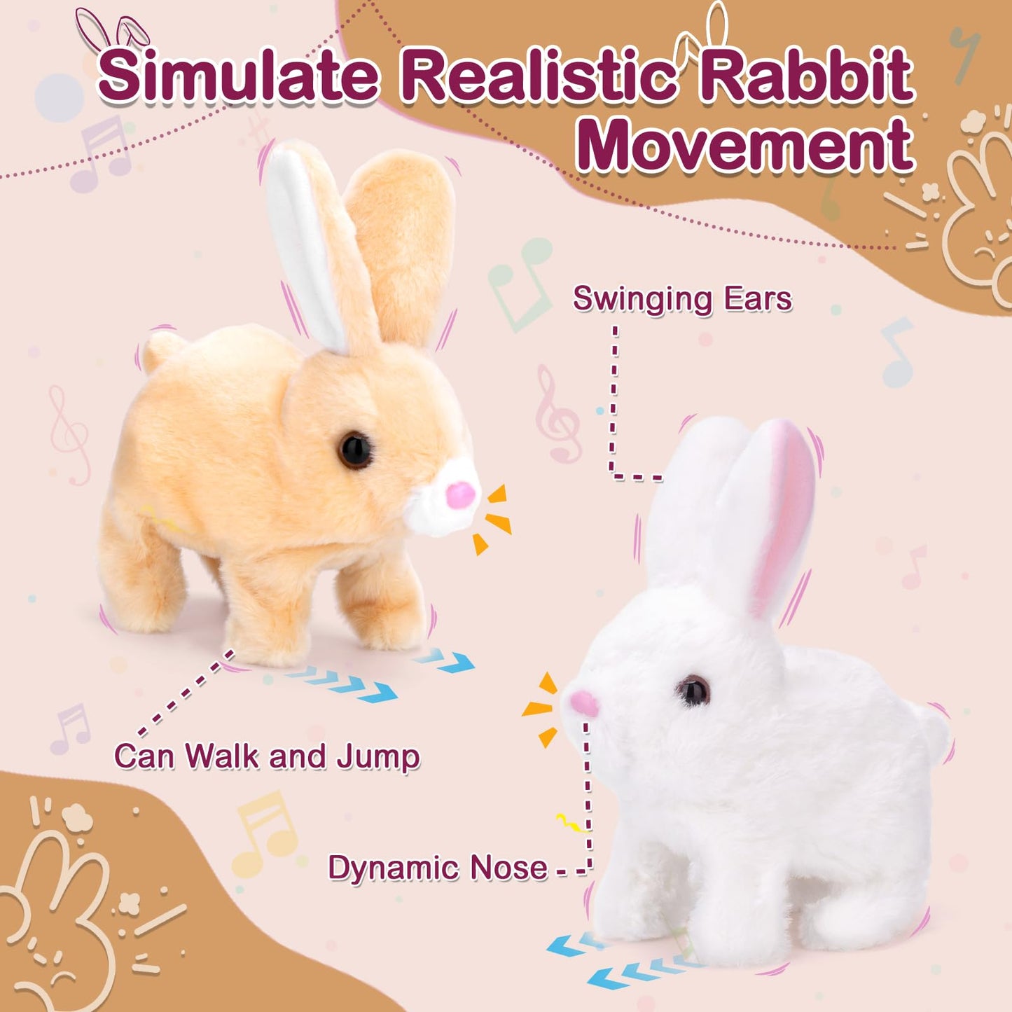 Hopping Bunny Toy, Easter Bunny Stuffed Animal Interactive Electronic Plush with Sounds and Movements, Animated Walking Wiggle Ears Twitch Nose, Easter Gifts for Kids Toddlers Boys Girls (brown)