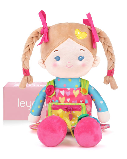 LeyaDoll Educational Soft Baby Doll(16''), Learning Sensory Doll for Toddlers, Montessori Toys for 2-Year-Old Girls Christmas, Birthday Gifts, Plush Doll with Zipper, Shoelace, Button-Busy Sweetheart