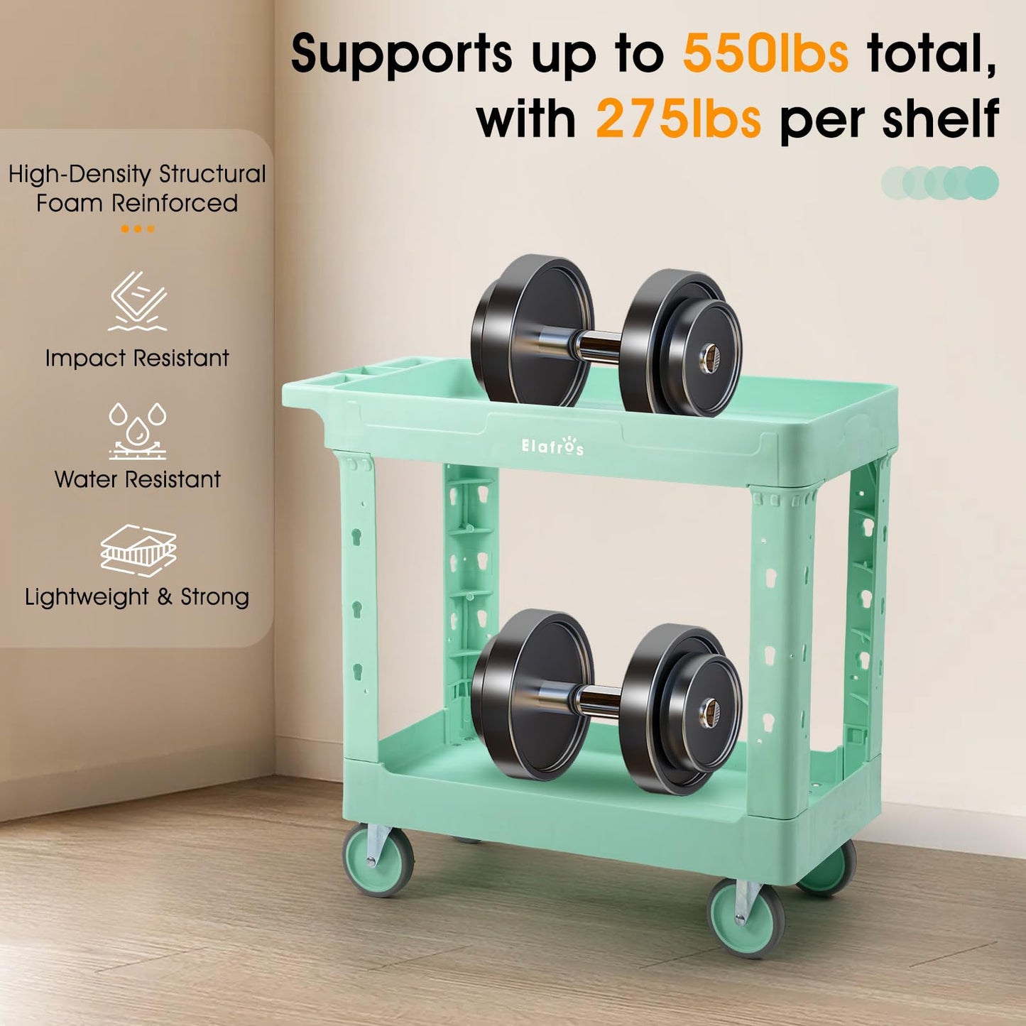 ELAFROS Rolling cart, Utility Trolley, 34 x 17 in Plastic Cart with 2 Deep Tub Shelves, Full Swivel Wheels, 550 lbs Capacity, Mint Green