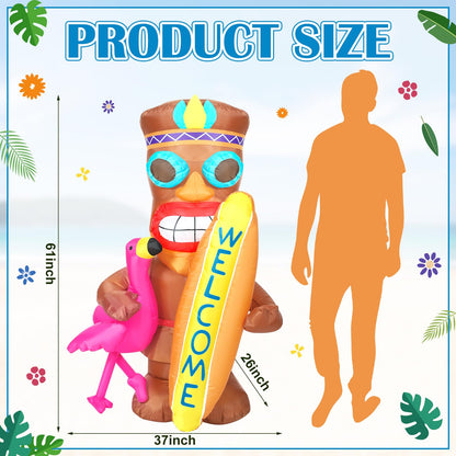 Shappy 5 ft Inflatable Tiki Flamingo Surfboard Luau Hawaiian Party Decorations Summer Inflatables Outdoor LED Lighted Tiki Blow up Beach Tropical Pool Surfing Yard Party Supplies Favors(Flamingo)