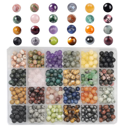 GorgGorho 480pcs Natural Round Stone Beads Genuine Real Stones Beading Loose Gemstone DIY for Bracelet Necklace Earrings Jewelry Making (8mm-24 Color S2, 8mm)